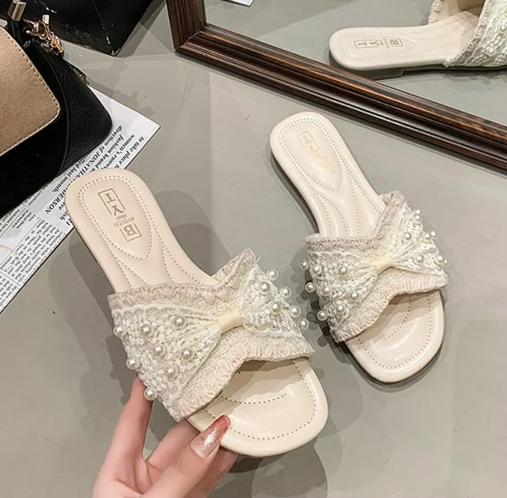 Women's Lace Decor Sandals with Sparkle Faux Pearl Elegant Flat Slip on Sandals Open Toe Indoor & Outdoor Wedding Sandals