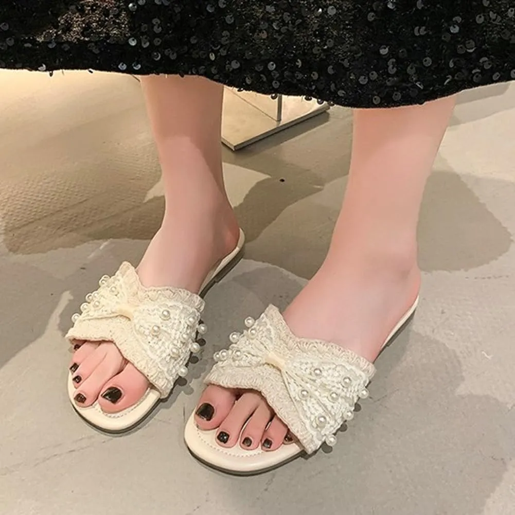 Women's Lace Decor Sandals with Sparkle Faux Pearl Elegant Flat Slip on Sandals Open Toe Indoor & Outdoor Wedding Sandals