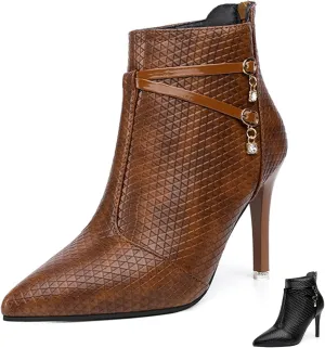 Women's Leather Fall Winter Fashion Stiletto High Heel Ankle Boots Sexy Pointed Toe Comfortable Back Zipper High Heel Dress Short Booties for Daily Office Work Party