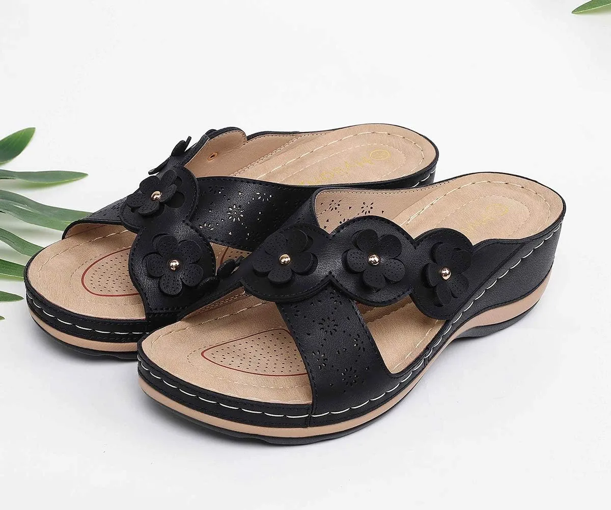 Women's Platform Wedge Comfort Cross Strap Flowers Slide Sandals-Shock Absorbtion Breathable holes Arch Support Footbed Indoors Or Outdoors Slip On