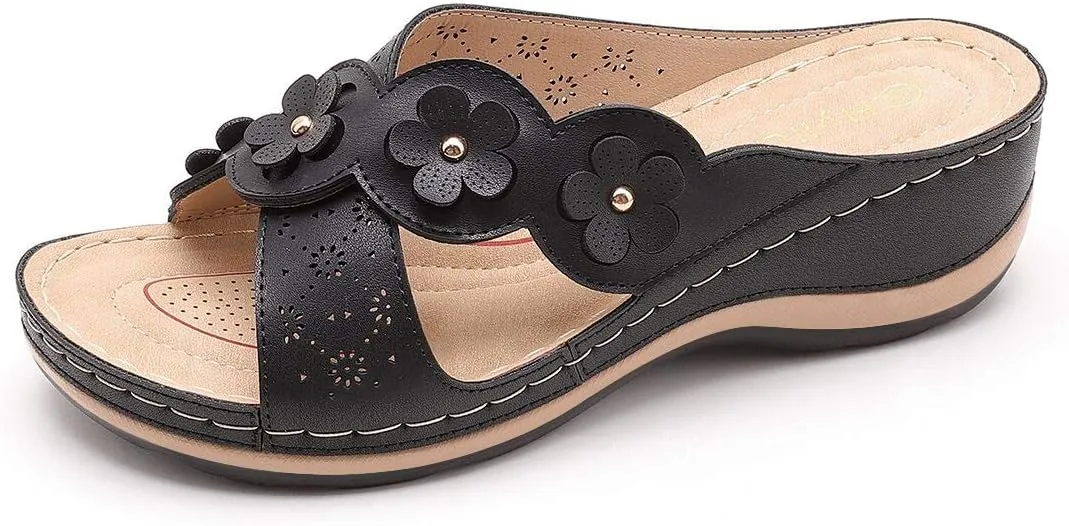 Women's Platform Wedge Comfort Cross Strap Flowers Slide Sandals-Shock Absorbtion Breathable holes Arch Support Footbed Indoors Or Outdoors Slip On