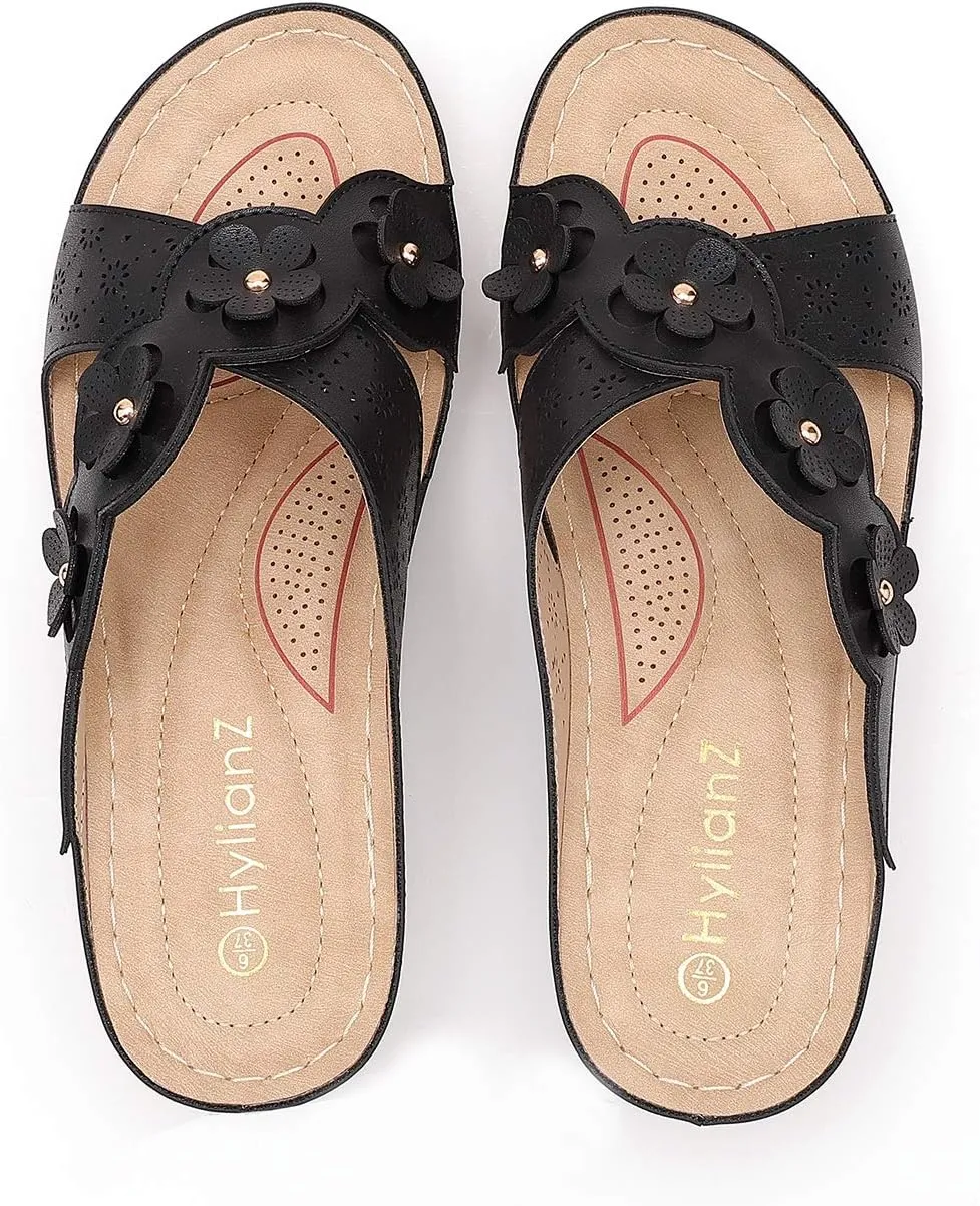 Women's Platform Wedge Comfort Cross Strap Flowers Slide Sandals-Shock Absorbtion Breathable holes Arch Support Footbed Indoors Or Outdoors Slip On