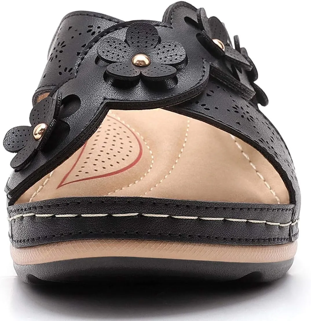 Women's Platform Wedge Comfort Cross Strap Flowers Slide Sandals-Shock Absorbtion Breathable holes Arch Support Footbed Indoors Or Outdoors Slip On