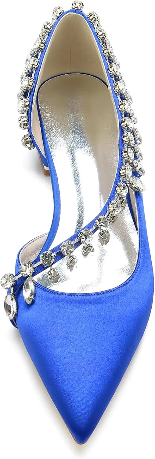 Women's Pointed Toe Satin Wedding Flats for Bride Slip-on Rhinestones Ballet Flats Prom Evening Party Dress Sandals