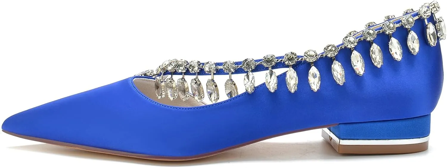 Women's Pointed Toe Satin Wedding Flats for Bride Slip-on Rhinestones Ballet Flats Prom Evening Party Dress Sandals