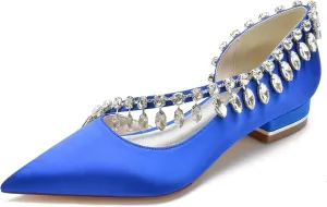 Women's Pointed Toe Satin Wedding Flats for Bride Slip-on Rhinestones Ballet Flats Prom Evening Party Dress Sandals