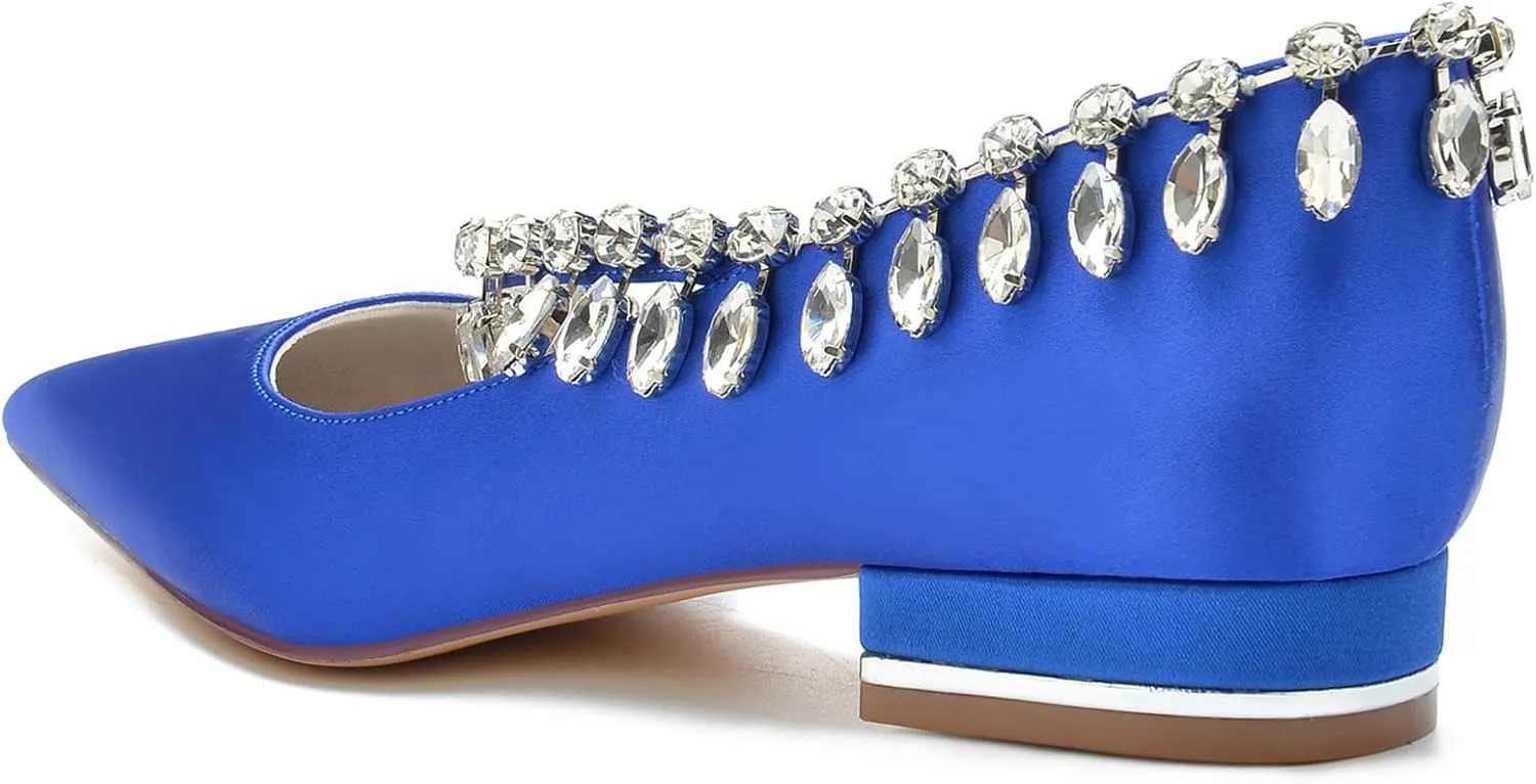 Women's Pointed Toe Satin Wedding Flats for Bride Slip-on Rhinestones Ballet Flats Prom Evening Party Dress Sandals