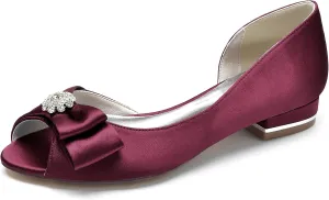 Women's Satin Ballet Flats Peep Toe Bow Bride Weeding Shoes Comfort Slip on Dress Shoes