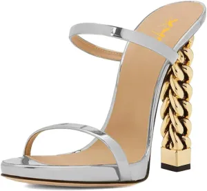 XYD Women Double Straps Slides Sandals Open Toe Golden Block Heel Platform Backless Mules Pumps for Lady Party Evening