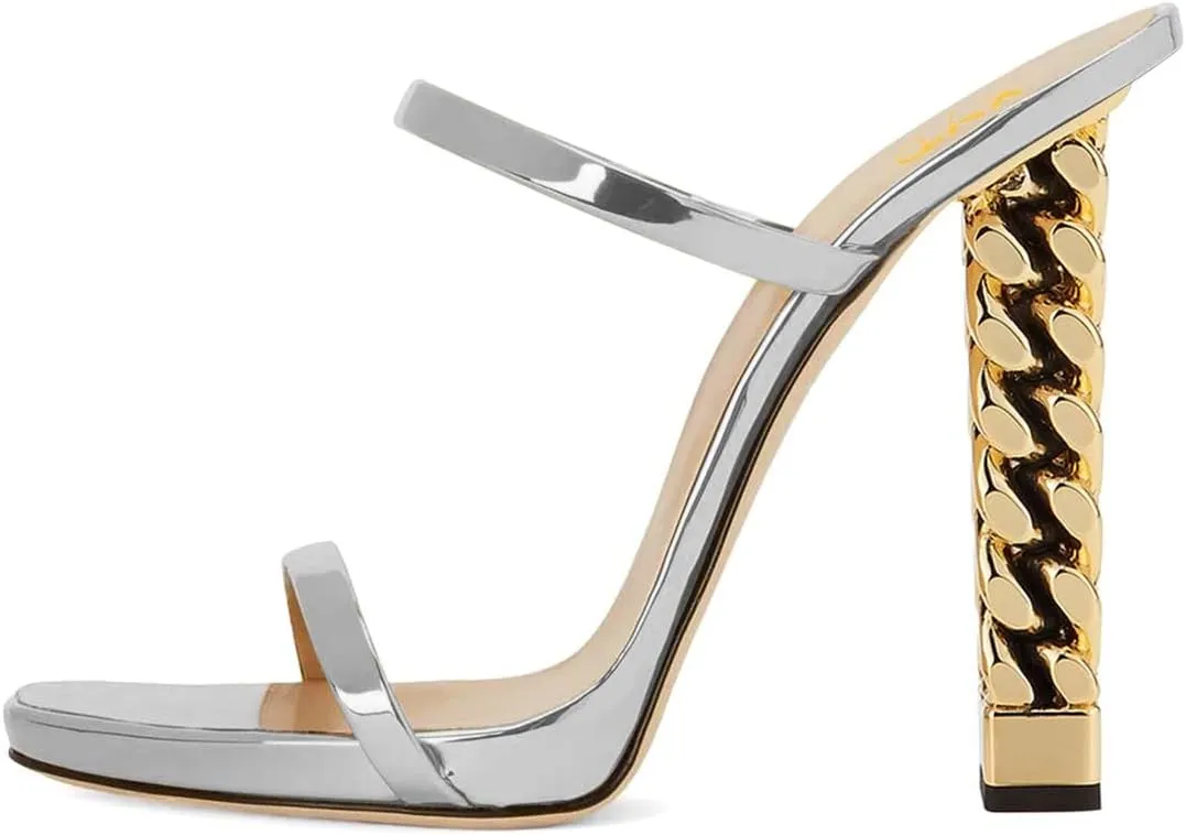 XYD Women Double Straps Slides Sandals Open Toe Golden Block Heel Platform Backless Mules Pumps for Lady Party Evening