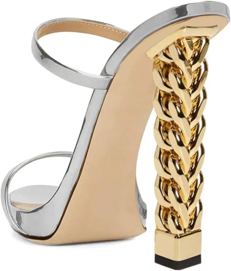 XYD Women Double Straps Slides Sandals Open Toe Golden Block Heel Platform Backless Mules Pumps for Lady Party Evening
