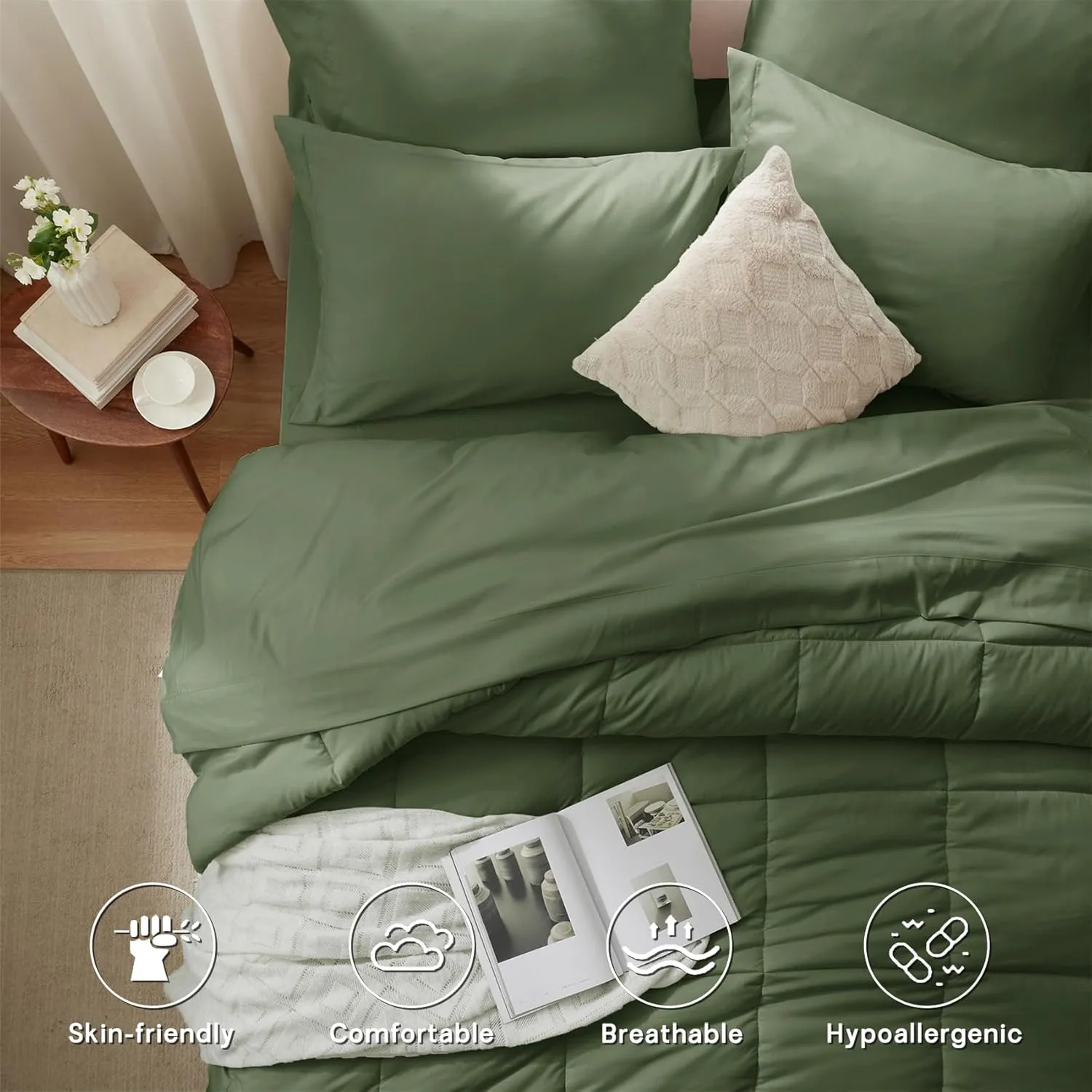 Zzlpp King Comforter Set 7 Piece, Olive Green Bed in a Bag with Comforters, Pillow Shams, Pillowcases, Flat Sheet, Fitted Sheet with 2 Pockets