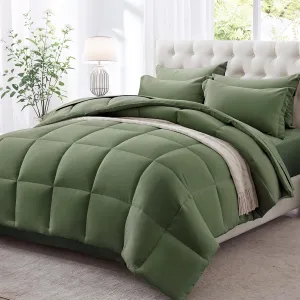Zzlpp Queen Comforter Set 7 Pieces, Olive Green Bed in a Bag Bedding Set with 1 Comforter, 2 Pillow Shams, 2 Pillowcases, 1 Flat Sheet, 1 Fitted Sheet with Pockets