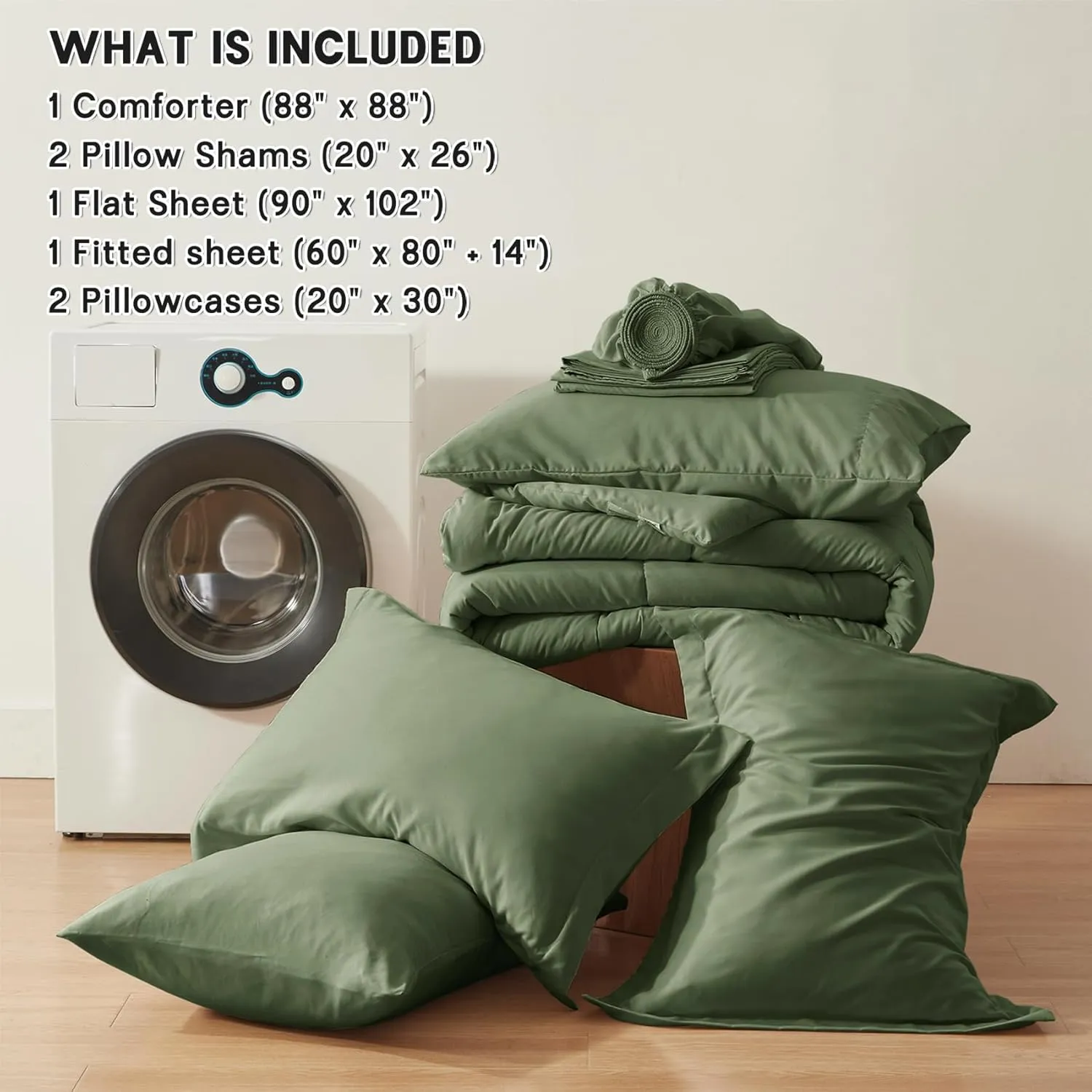 Zzlpp Queen Comforter Set 7 Pieces, Olive Green Bed in a Bag Bedding Set with 1 Comforter, 2 Pillow Shams, 2 Pillowcases, 1 Flat Sheet, 1 Fitted Sheet with Pockets