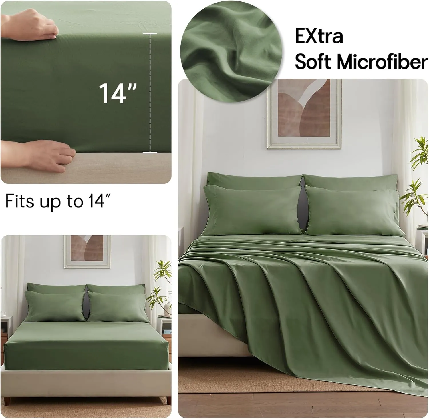Zzlpp Queen Comforter Set 7 Pieces, Olive Green Bed in a Bag Bedding Set with 1 Comforter, 2 Pillow Shams, 2 Pillowcases, 1 Flat Sheet, 1 Fitted Sheet with Pockets