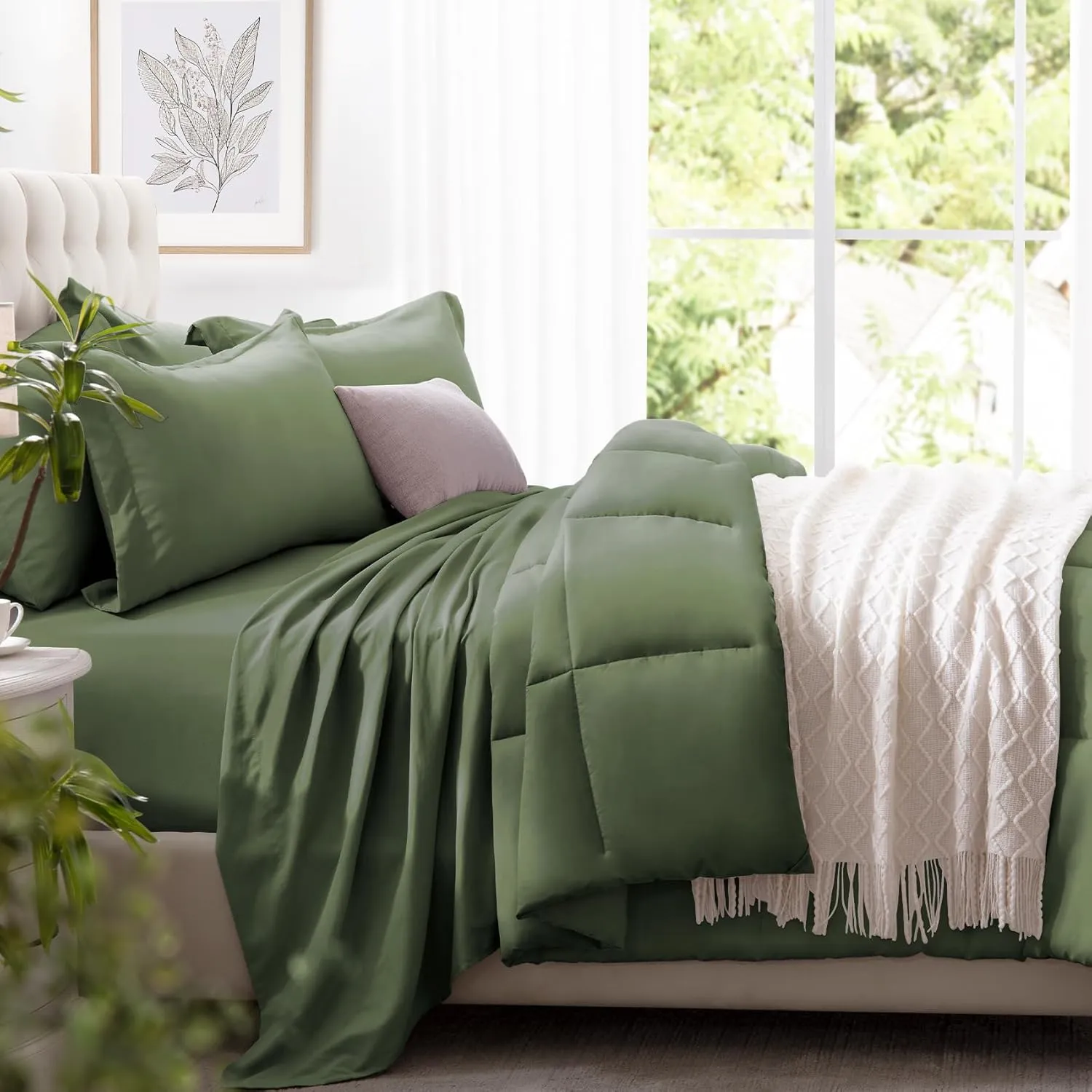 Zzlpp Queen Comforter Set 7 Pieces, Olive Green Bed in a Bag Bedding Set with 1 Comforter, 2 Pillow Shams, 2 Pillowcases, 1 Flat Sheet, 1 Fitted Sheet with Pockets